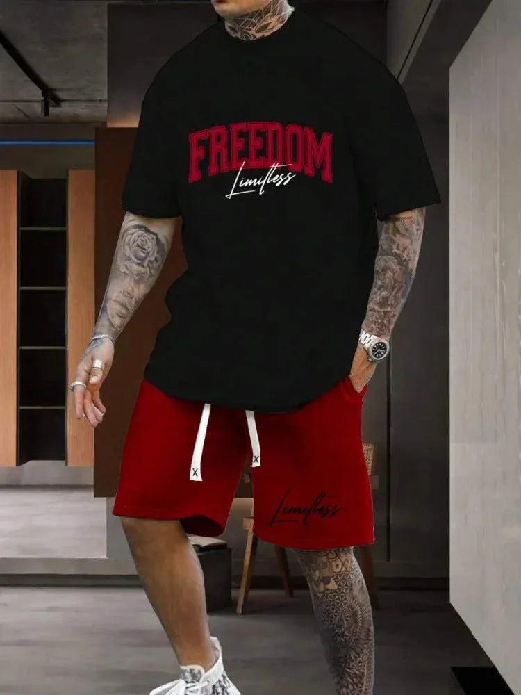 Men's 3D printed letter personality suit with short sleeve top and matching shorts in polyester
