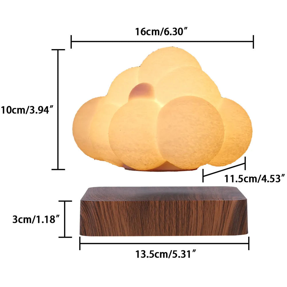 Magnetic levitation cloud lamp floating above base with warm white light, ABS flower-shaped lampshade