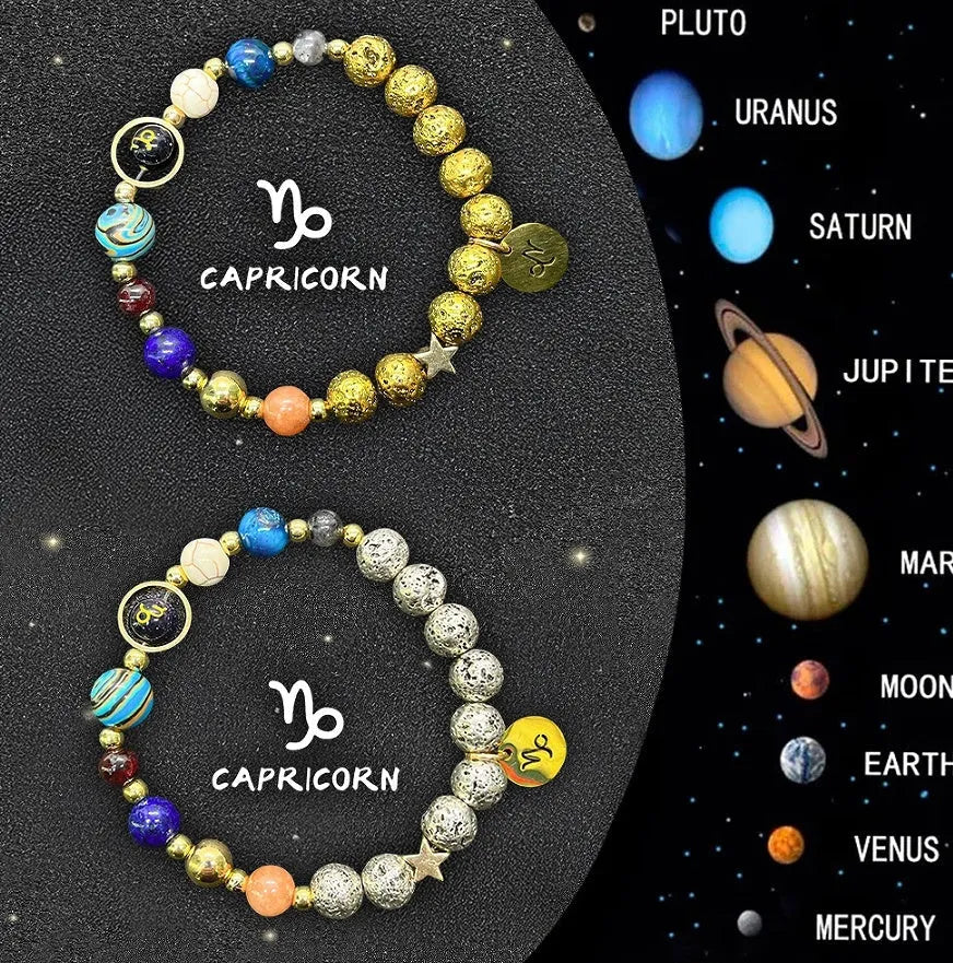 Natural stone bead zodiac bracelets for twelve astrological signs with adjustable cord.