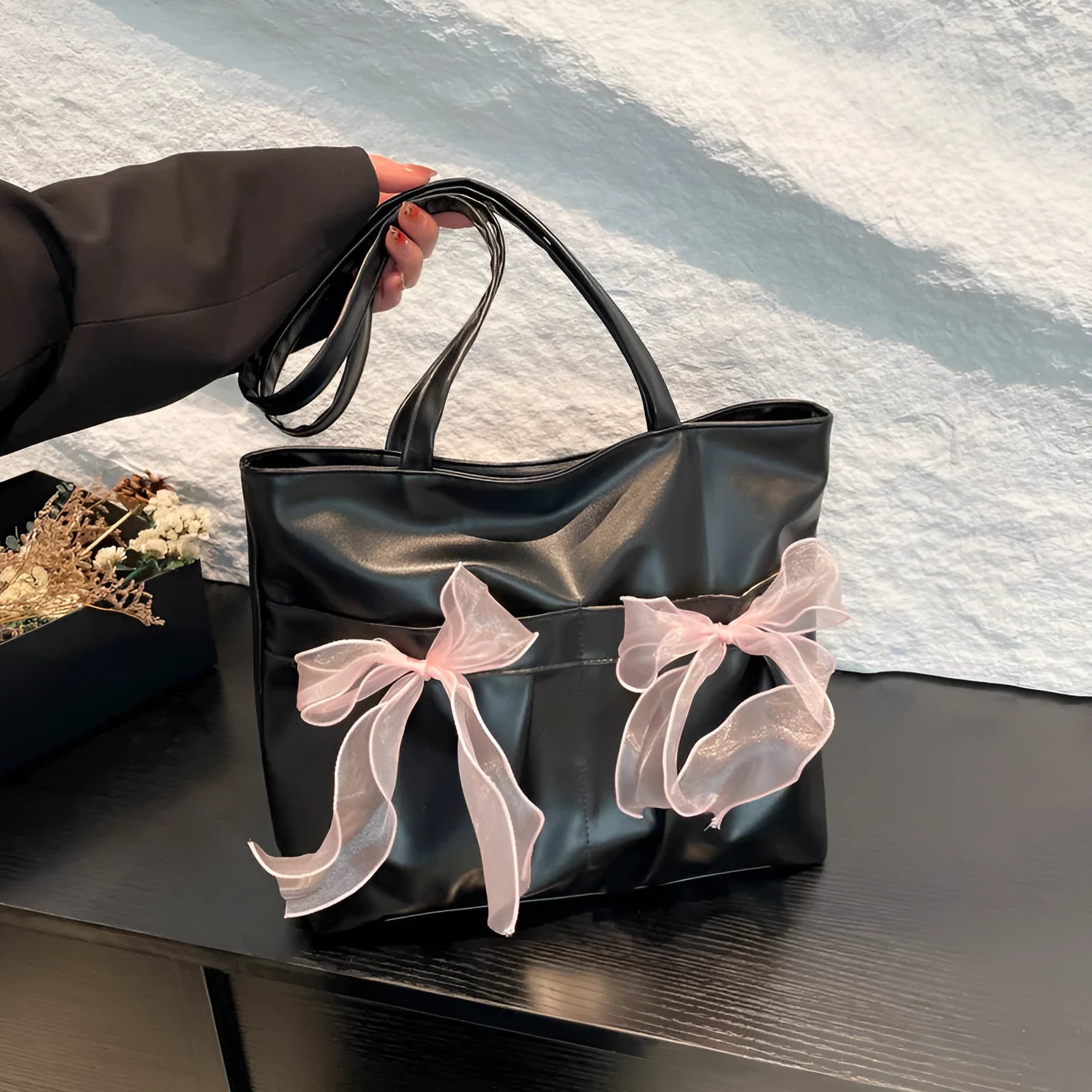 College style bow tote bag in PU leather with large capacity and internal zipper pocket organisation