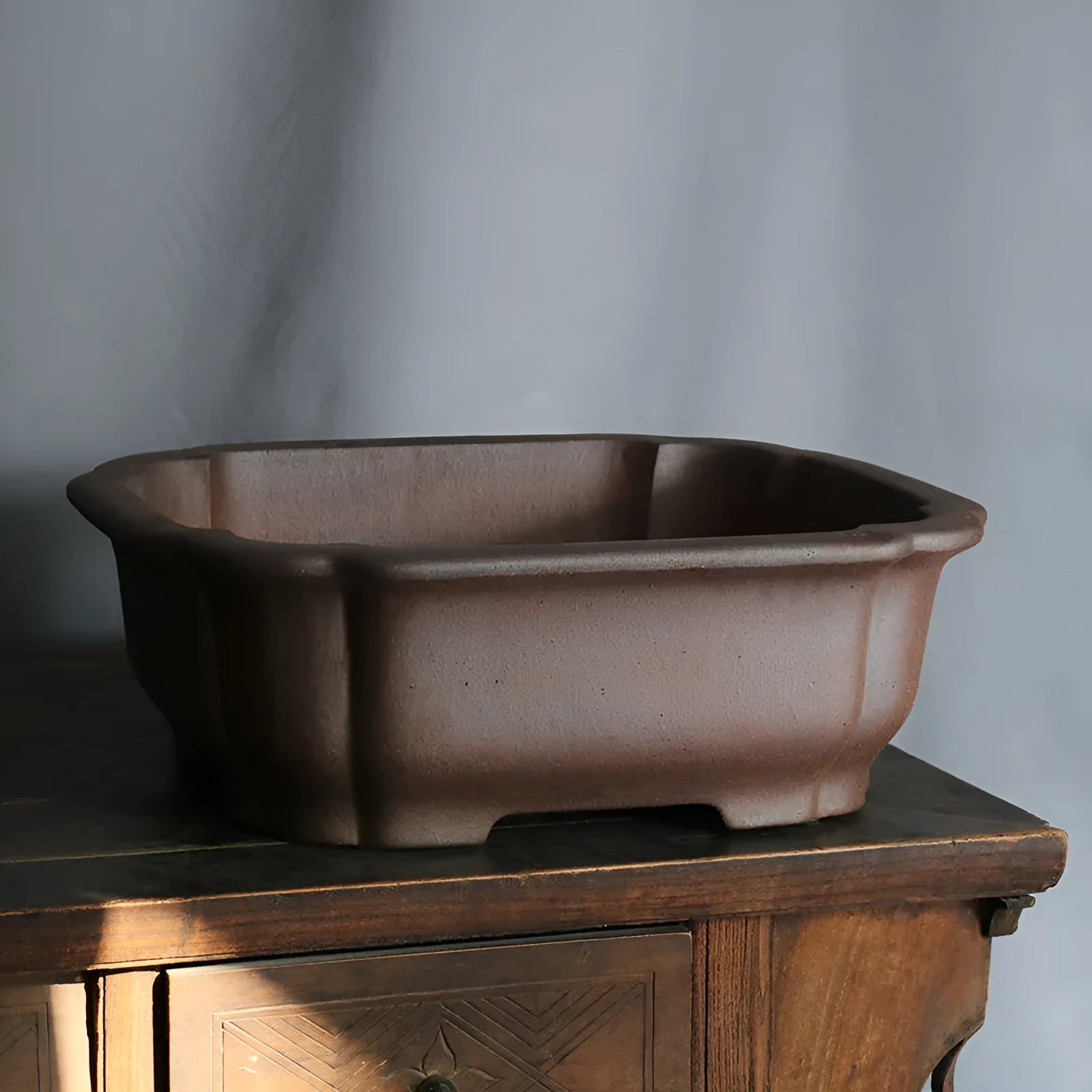 A rectangular purple sand ceramic bonsai flower pot with a modern minimalist design.