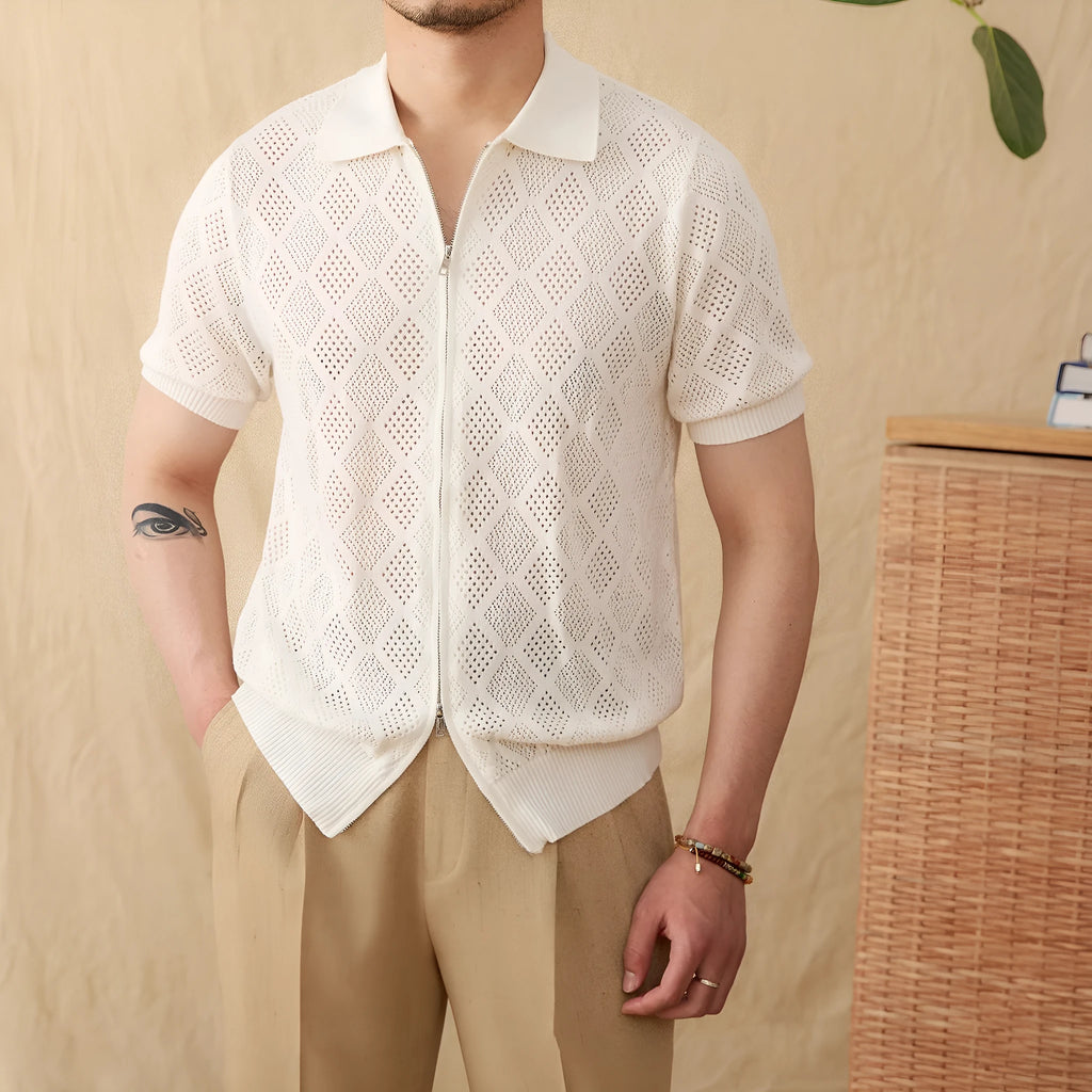 Light brown cotton zip-front cardigan with short sleeves and a lapel collar on a hanger.