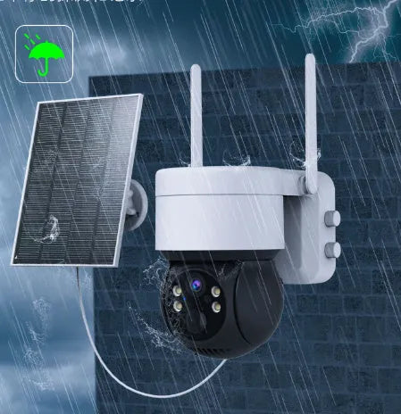 Outdoor wireless Wi-Fi surveillance camera with solar panel, 3.6mm lens, motion detection, available in black or white