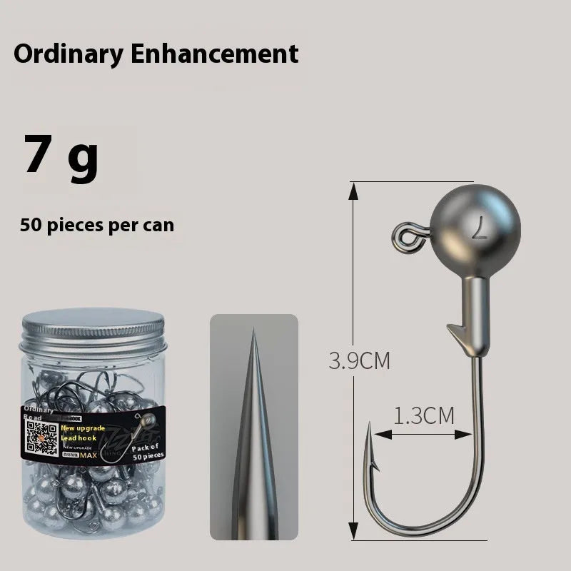 A pack of 50 steel jig fishing hooks in a primary colour, showing different hook point specifications.