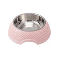 Stainless steel pet bowl with coloured non-slip base in blue, green, or pink.