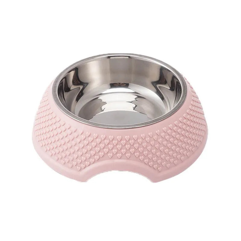 Stainless steel pet bowl with coloured non-slip base in blue, green, or pink.