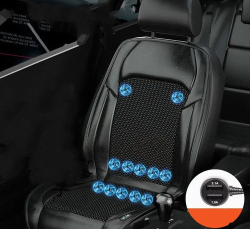 Car seat cushion with ventilation fan system showing multiple colour options and fan configurations