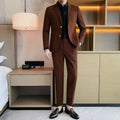 Men's waffle casual suit set with long-sleeve jacket and cropped trousers in brown, white, black, blue or green, sizes M to 3XL.