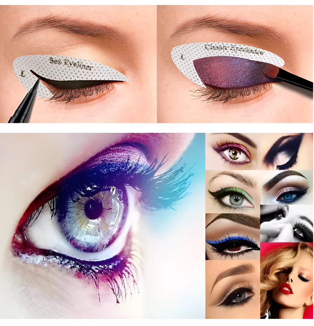 Set of four flexible, reusable eyeliner and eyeshadow stencil templates on a pink background.