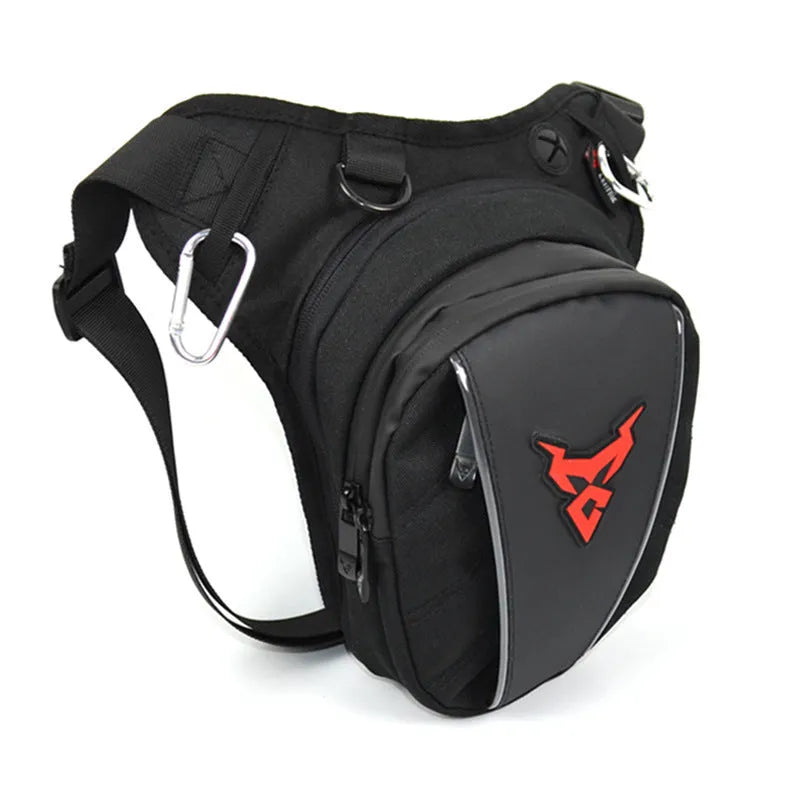 Motorcycle rider's leg bag in 1200D Oxford cloth, shown in red, blue, green, and grey colour options.