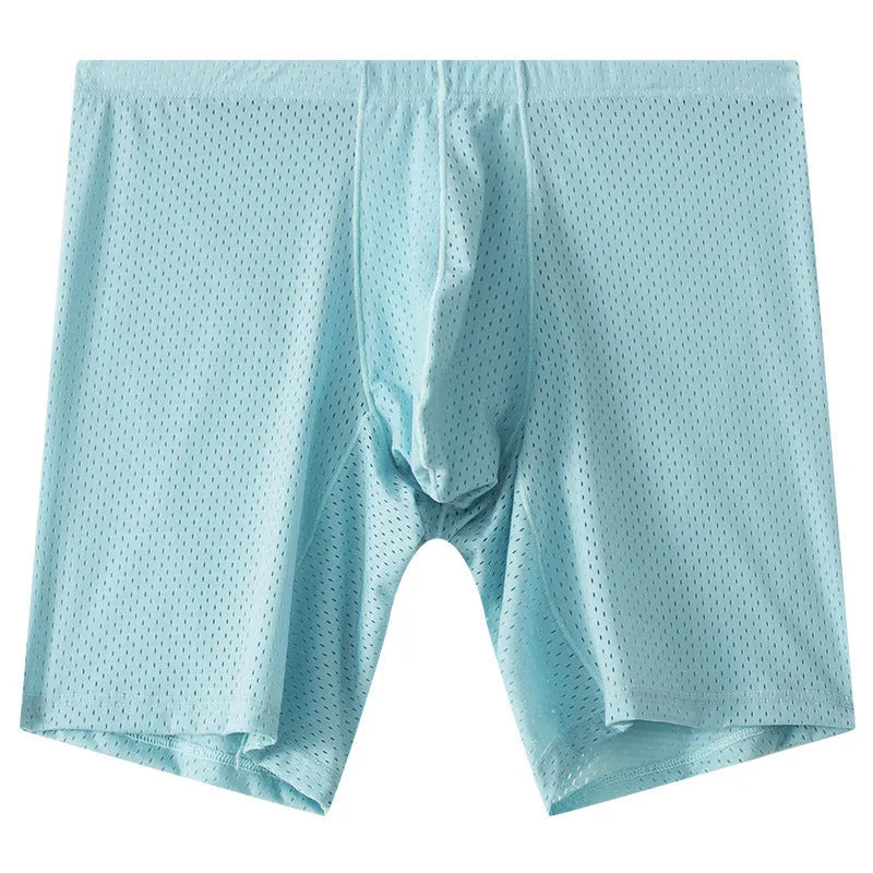 Men's mesh transparent lengthened boxers in black, mid waist nylon knit sports underwear
