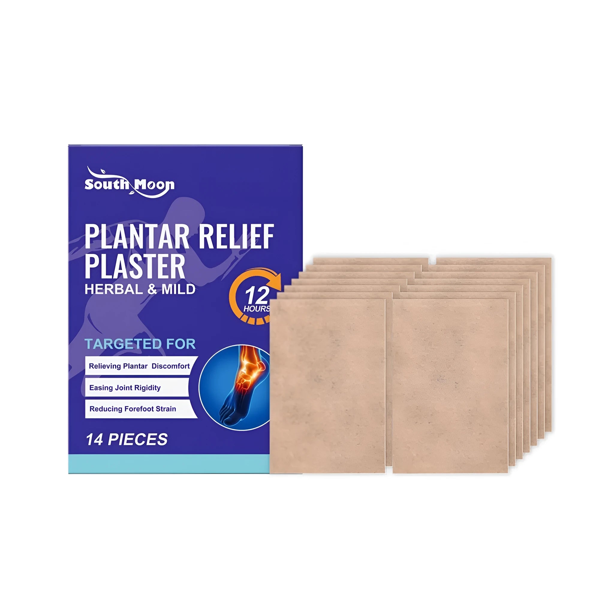 Pack of 14 foot soothing patches with horse chestnut, chili oil, and eucalyptus oil ingredients.