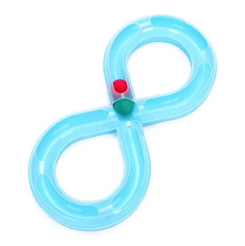 Cat toy turntable with a ball on a circular track, white and blue plastic, 50cm wide, for interactive play