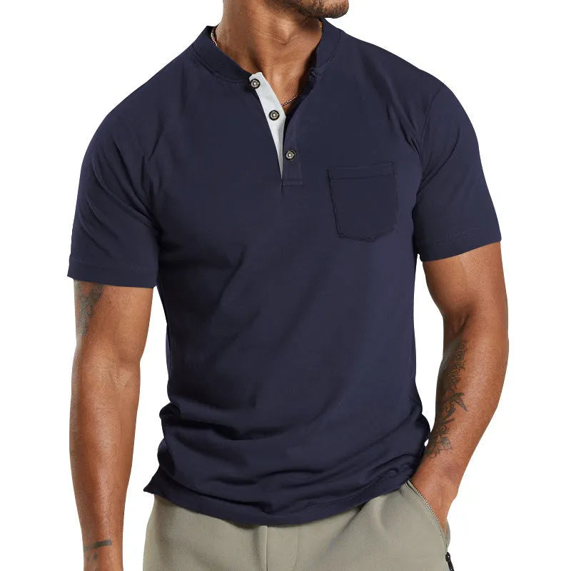 Men's plus size solid colour short sleeve polyester shirt with a button pocket on the chest.