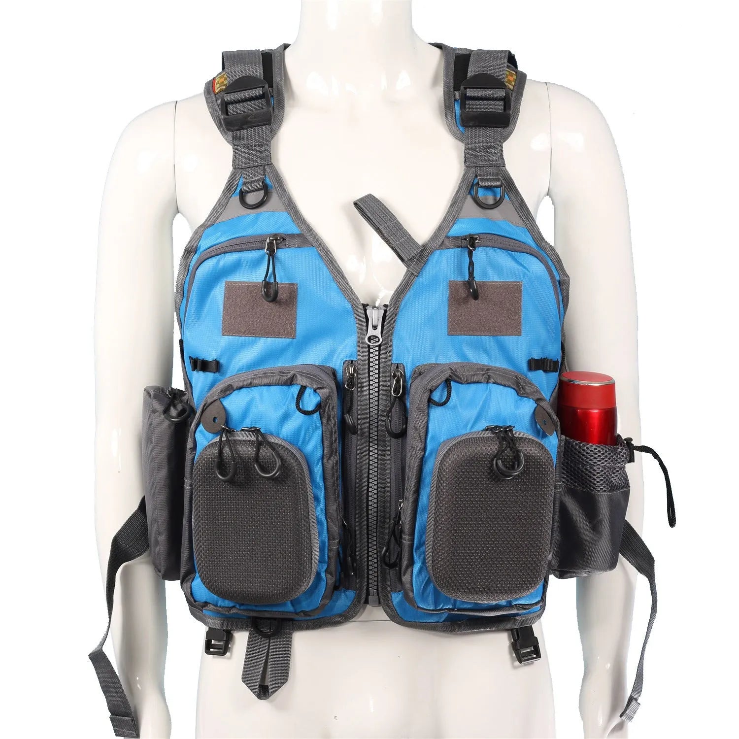 Grey fishing life jacket with multiple pockets and reflective strips showing removable foam buoyancy inserts
