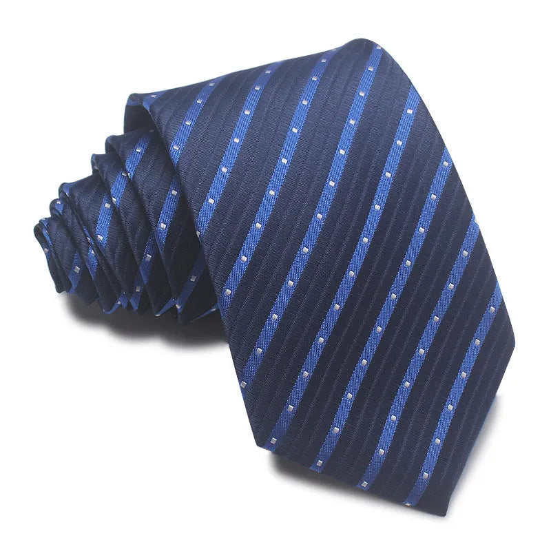 Men's striped jacquard business tie in red, showing arrow head shape and 8cm width.