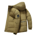 Men's hooded thickened cold-proof coat with polyester filling in black, front view, loose fit