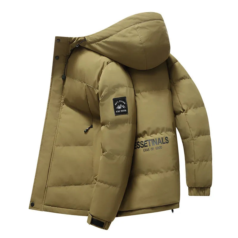 Men's hooded thickened cold-proof coat with polyester filling in black, front view, loose fit