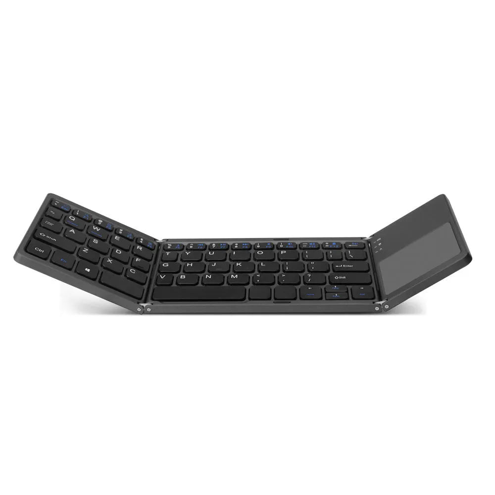 Black tri-fold folding Bluetooth keyboard with touchpad, shown both folded and unfolded