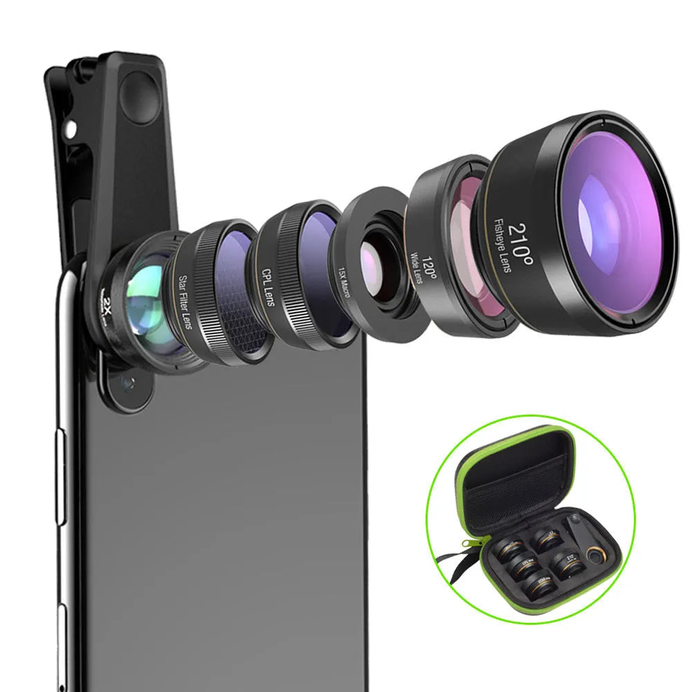 Black 6-in-1 smartphone lens kit with fisheye, macro, telephoto, CPL, and star filters next to a phone on a table.