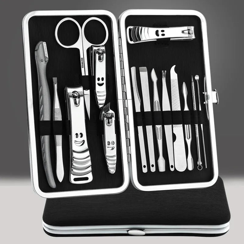 Pink 15-piece stainless steel manicure tool set in compact case measuring 15.5 by 8.2 by 1.3 cm