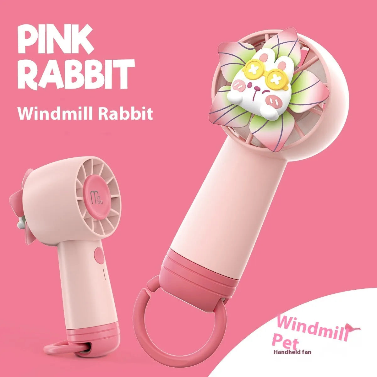 Portable creative cartoon handheld fan in plastic, 6x5.4x14.8cm, available in Green, Pink, and Yellow