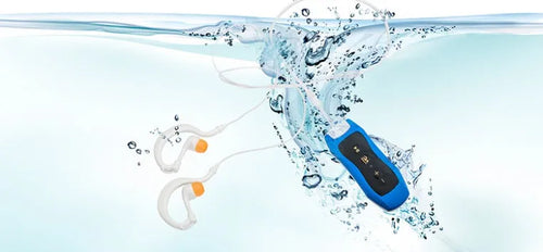 Compact black Bluetooth MP3 sports headset with IPX68 waterproof rating for swimming.