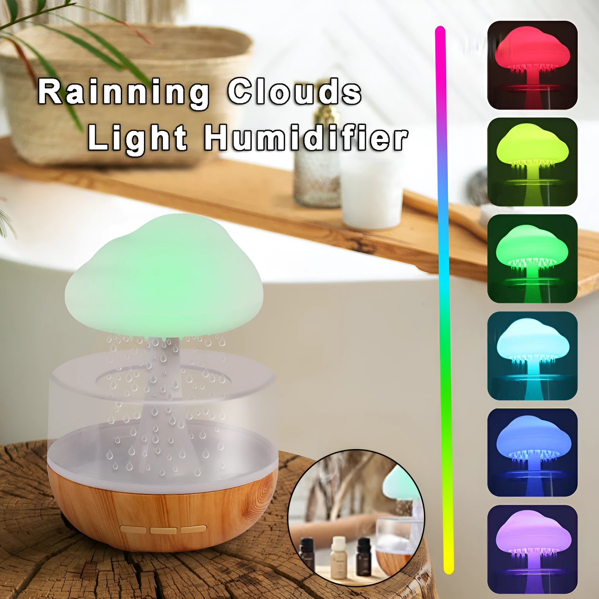 White USB-powered humidifier and essential oil diffuser with colour-changing night light on a table.