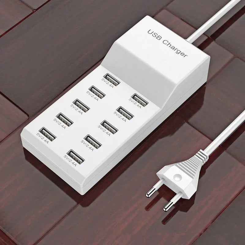 5V 2A USB multi-port charger with 5 ports, 10A output, overload protection, fireproof ABS housing, black colour