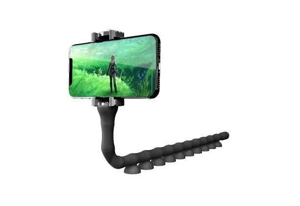 Flexible rubber phone holder with suction cup mount showing 360 degree rotation capability