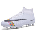 Non-slip football shoes with front tie laces, mesh lining and printed upper, shown in black, white and black white.