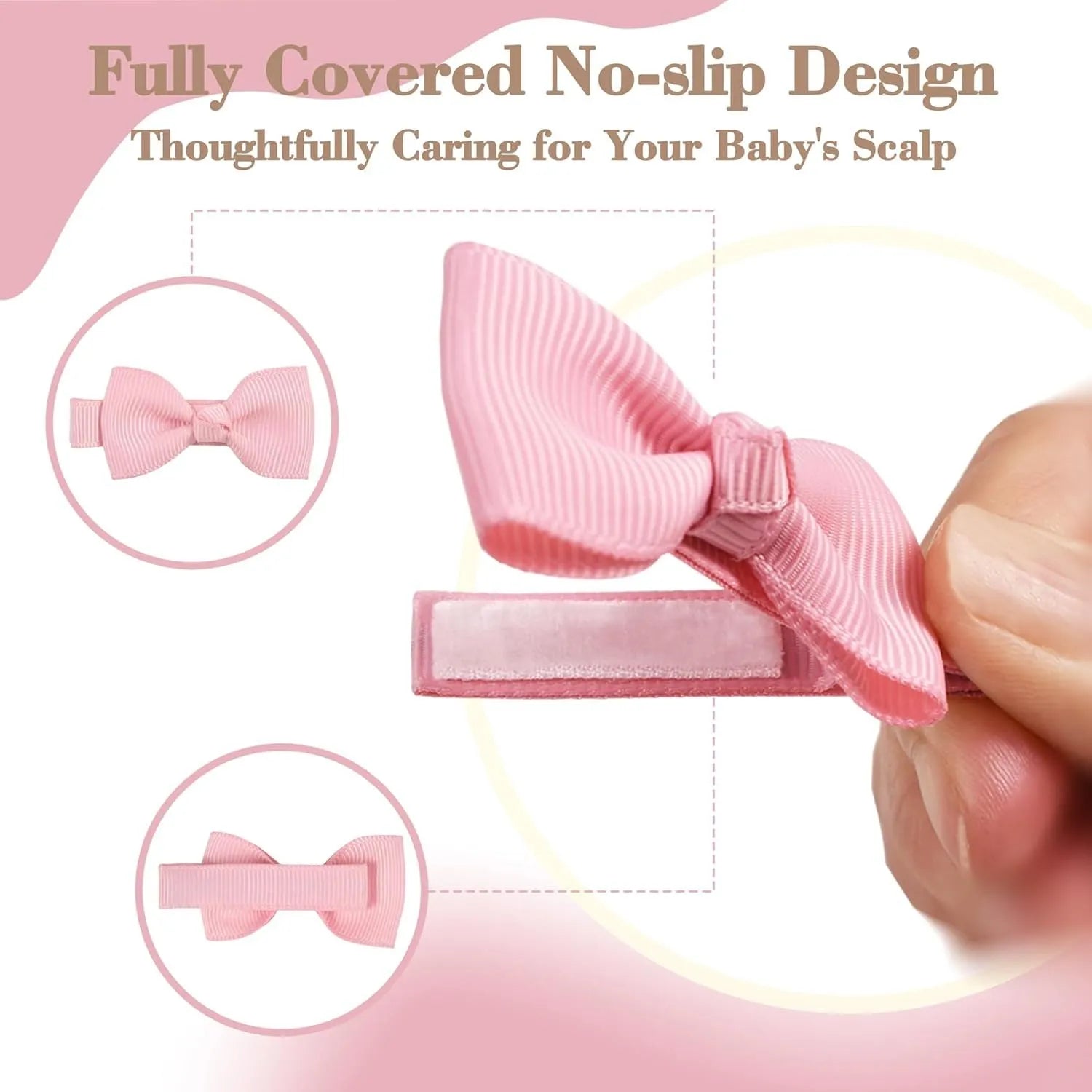 Assortment of pastel-coloured barrette and bow hair clips for babies and toddlers on a white background.