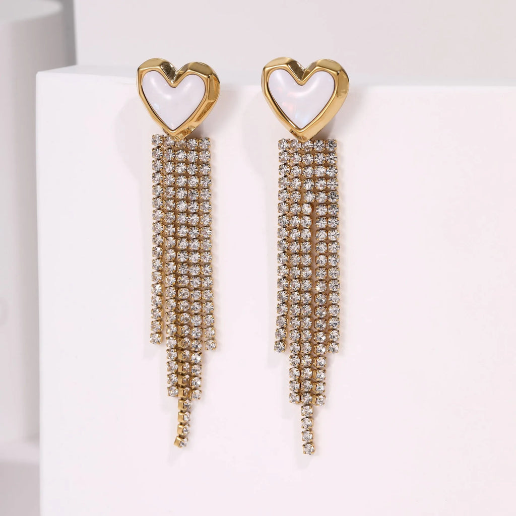 Stainless steel electroplated earrings with diamond tassel, heart shapes and five-pointed star geometric design