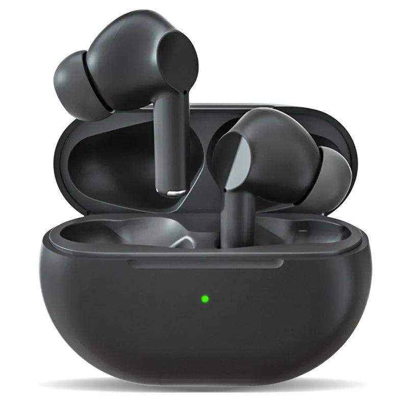 Black Pro4 true wireless Bluetooth earbuds and charging case on a white background.