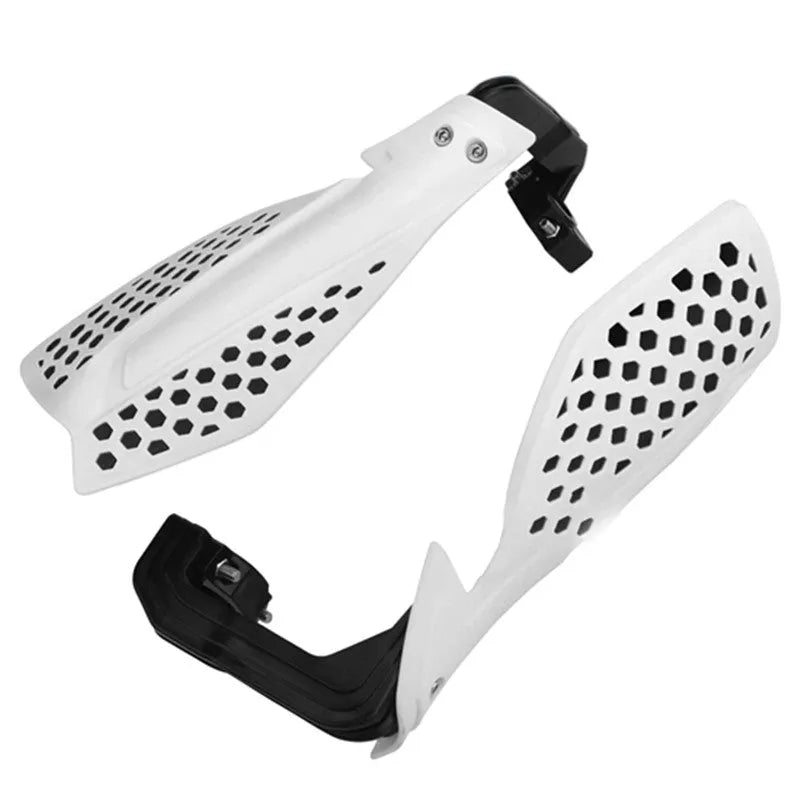 Plastic motorcycle hand guards in black and orange for universal handlebar fit