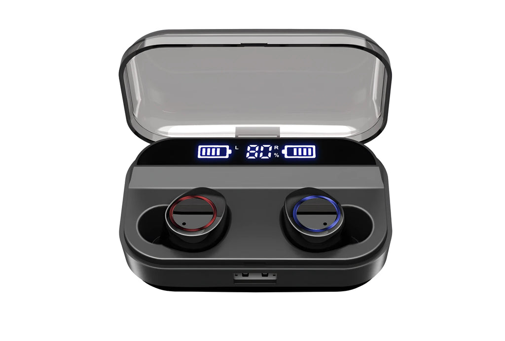 Black X11 wireless Bluetooth earbuds inside their white charging case, with silicone ear sleeves.