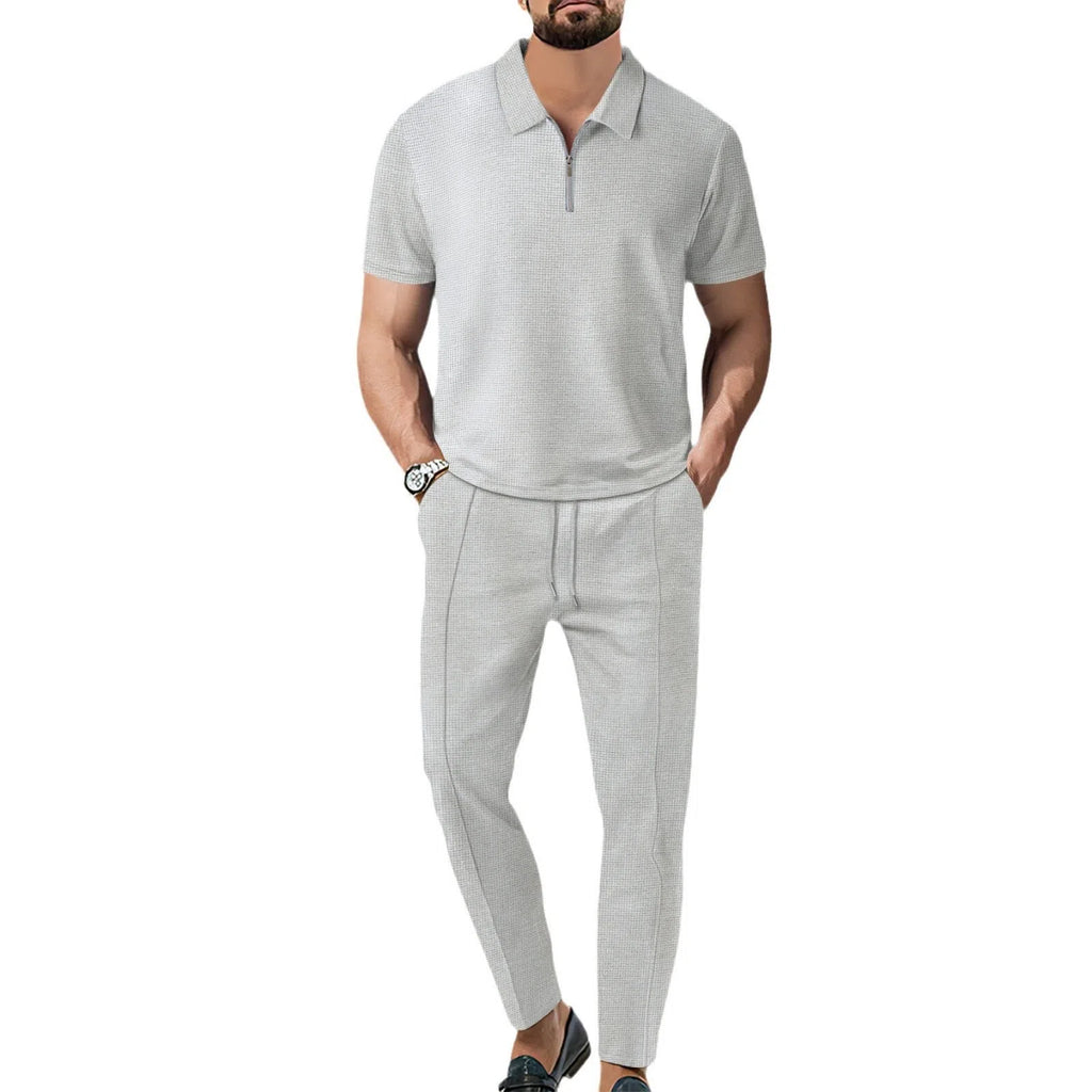 Men's waffle lapel casual suit set short sleeve top and trousers solid colour khaki
