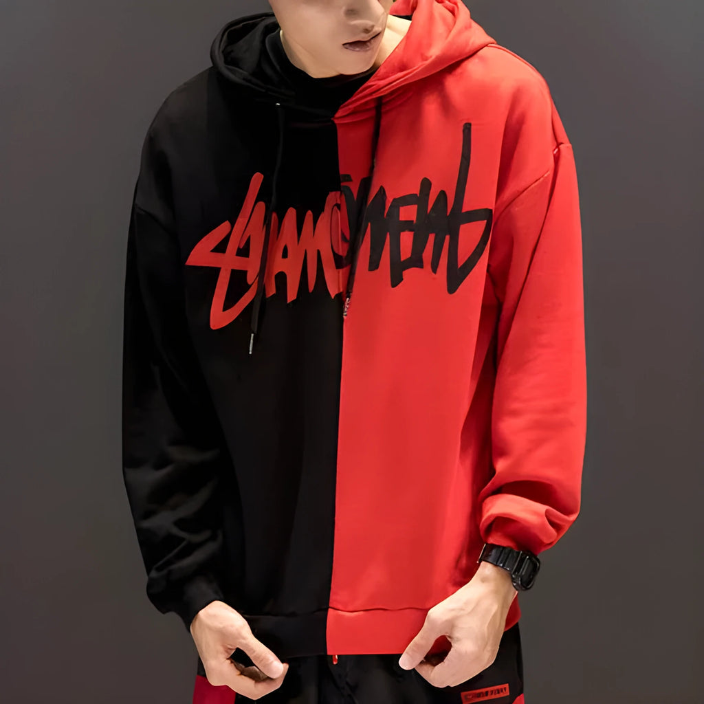 Women's loose-fit polyester hoodie with letter print and hooded collar in gules colour