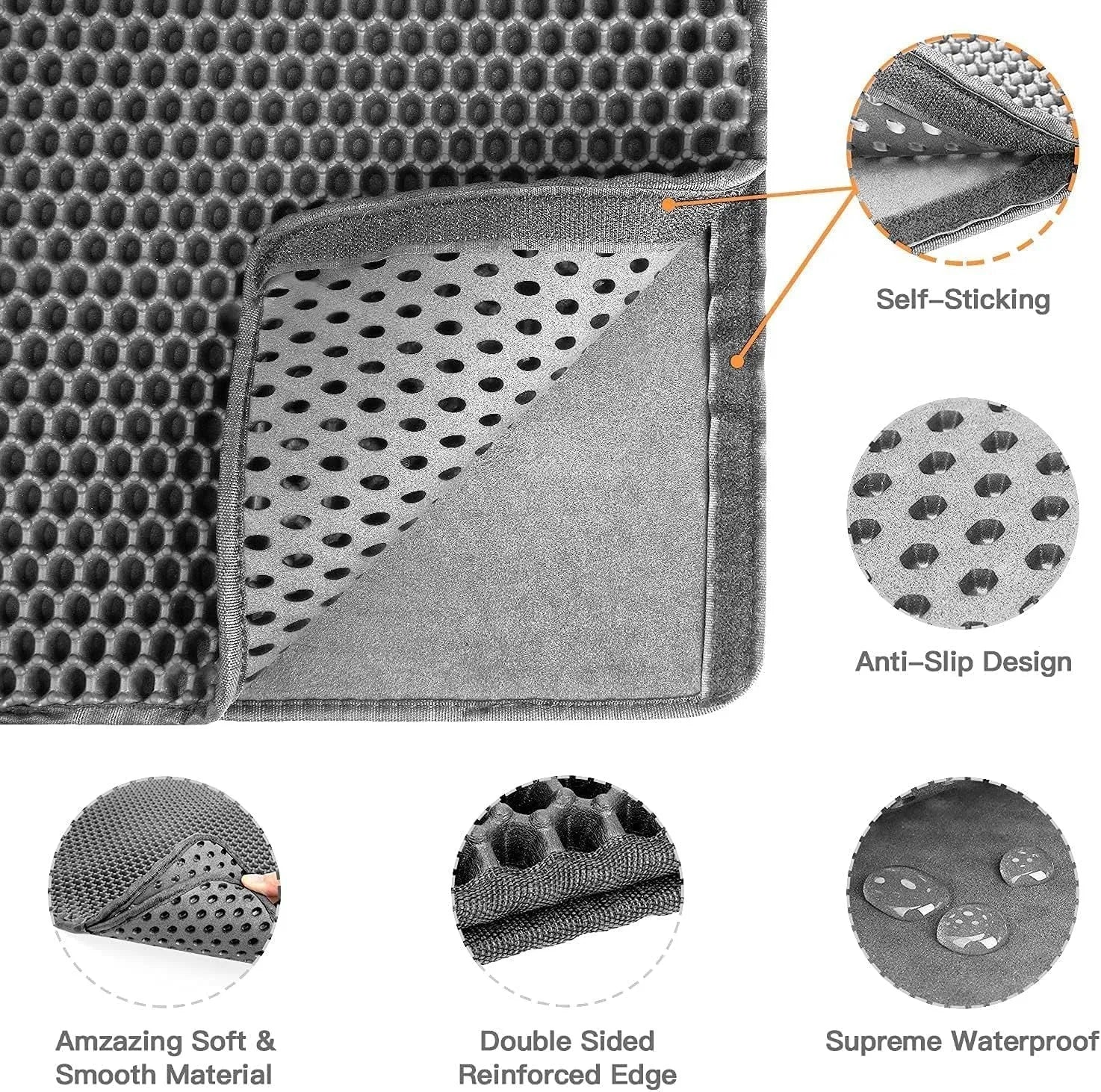 Black honeycomb double layer cat litter mat with non-slip bottom placed near litter box