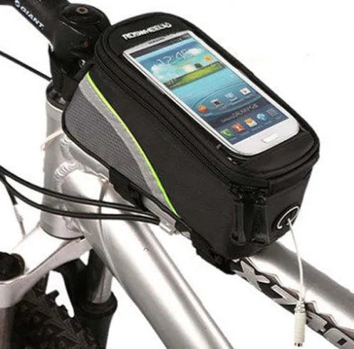 ROSWHEEL black PVC bicycle frame bag holding an iPhone on a bike top tube