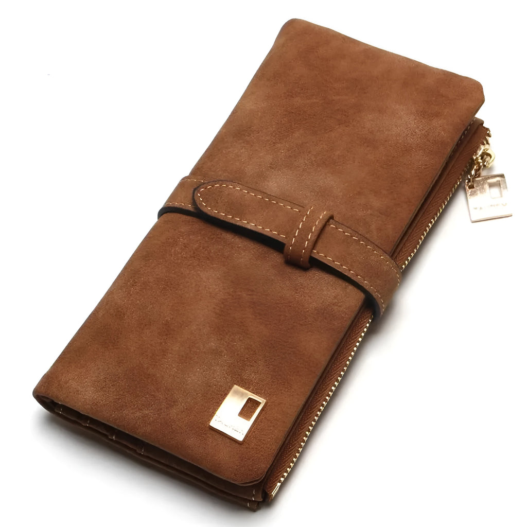 Army green women's long two-fold wallet made of matte PU leather with a drawstring zip, showing internal card slots and compartments.