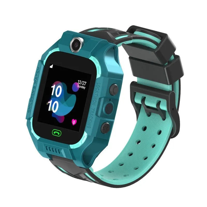 Children's smart watch with dual cameras, SOS button, and touch screen on a child's wrist