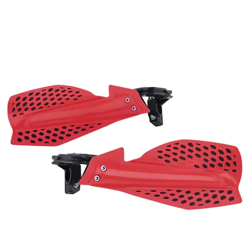 Plastic motorcycle hand guards in black and orange for universal handlebar fit