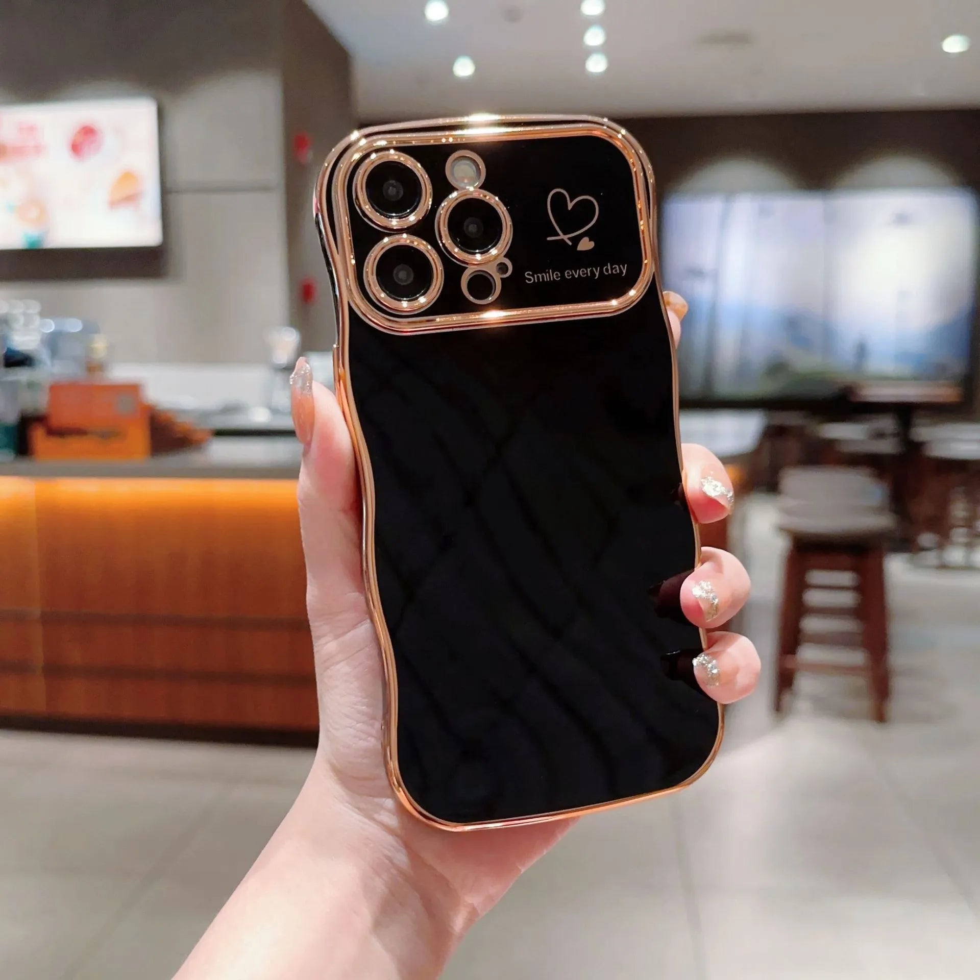 Electroplating wave love large window TPU phone case for iPhone, black colour, back view showing decorative wave pattern and card slot
