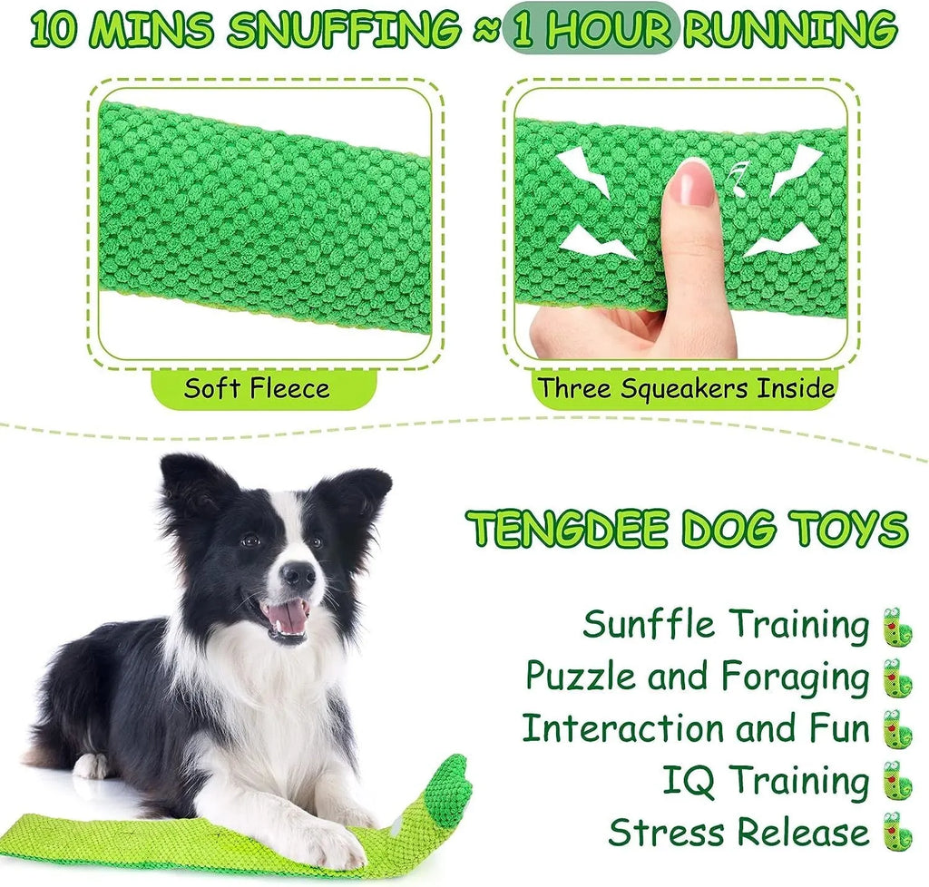 Transformable snail and stick shaped dog puzzle toy with squeaker and hidden food holes.