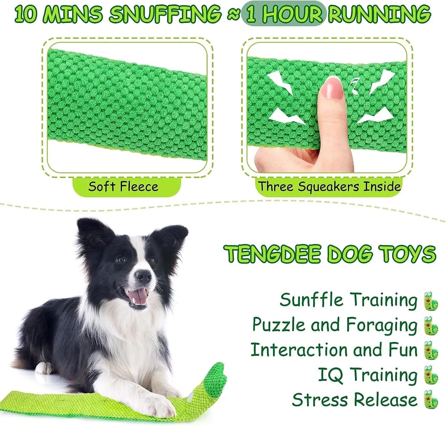 Transformable snail and stick shaped dog puzzle toy with squeaker and hidden food holes.