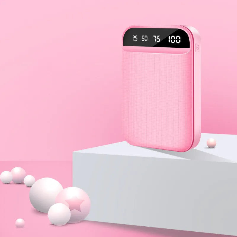 Mini portable power bank in black, blue, pink, or white with multiple USB ports.