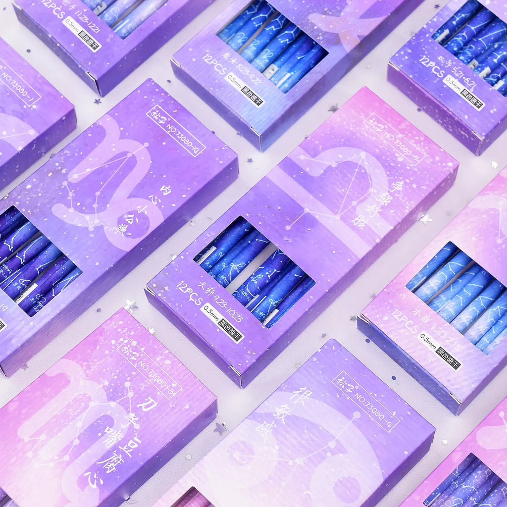 Box of 12 constellation-themed quick-drying gel pens with plastic bodies and coloured caps