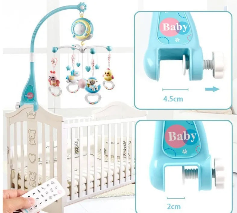 Rotating baby crib mobile with music box, projection, and remote control - plastic, available in blue and pink