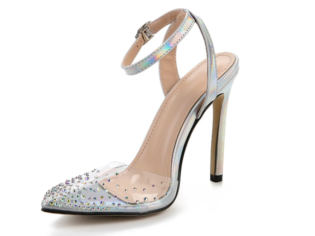 Women's pointed toe stiletto heel sandals with a glossy PVC upper and an ankle strap buckle.